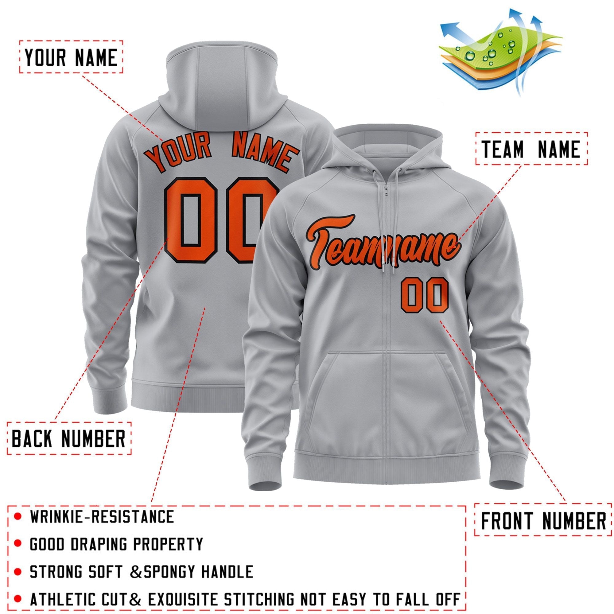 Custom Stitched Gray Orange-Black Sports Full-Zip Sweatshirt Hoodie| KXKSHOP
