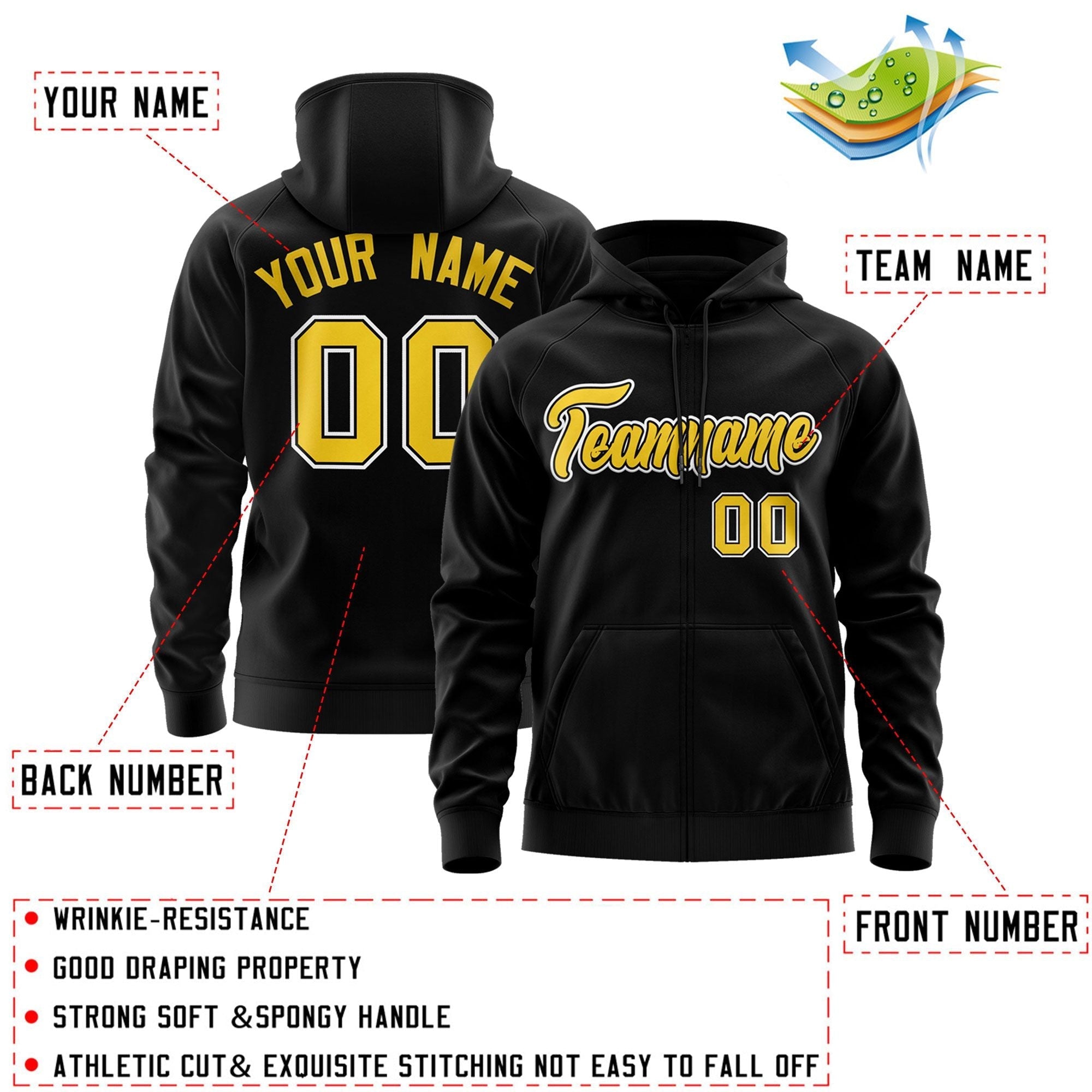 Custom Stitched Black Gold-White Sports Full-Zip Sweatshirt Hoodie| KXKSHOP