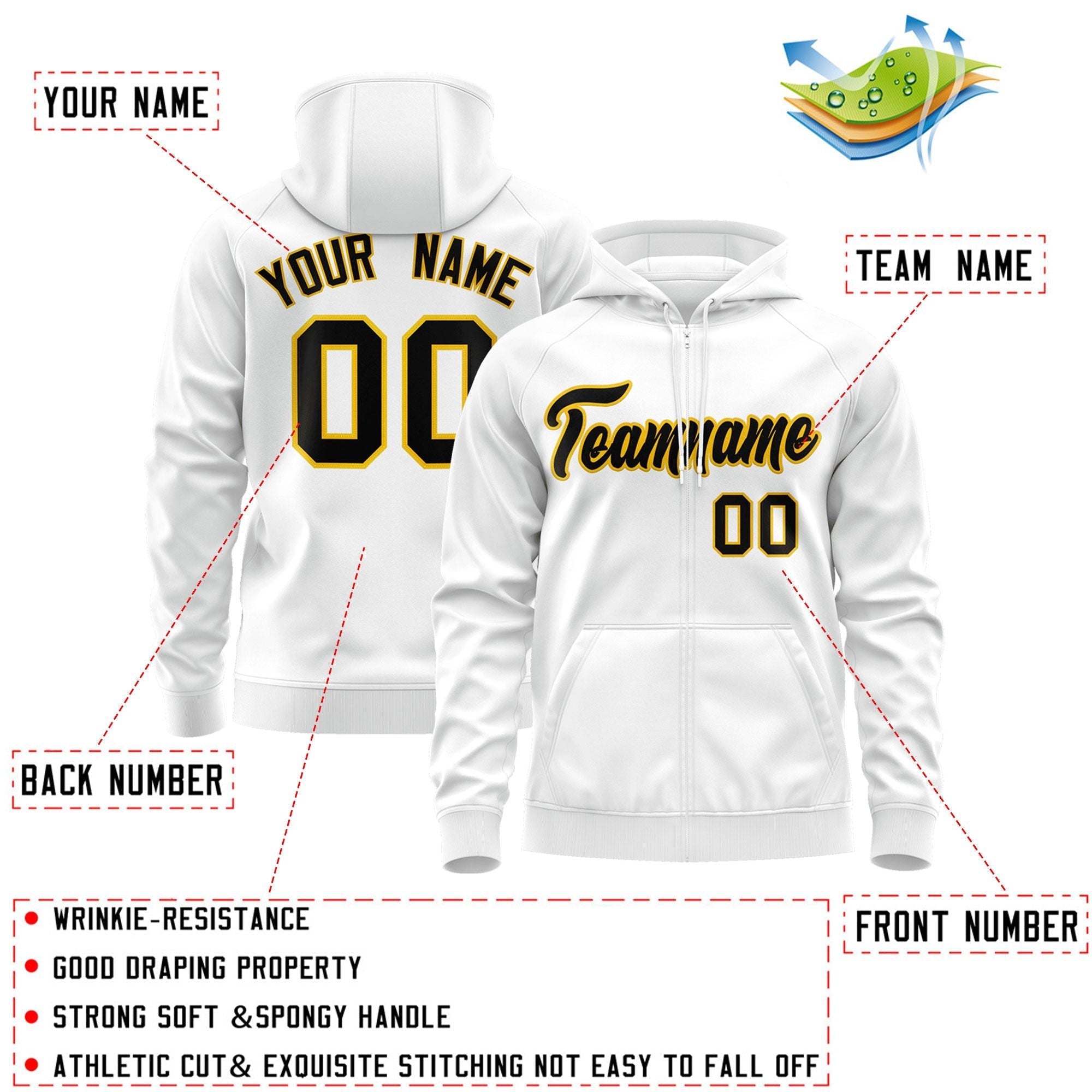 Custom Stitched White Black-Gold Sports Full-Zip Sweatshirt Hoodie| KXKSHOP