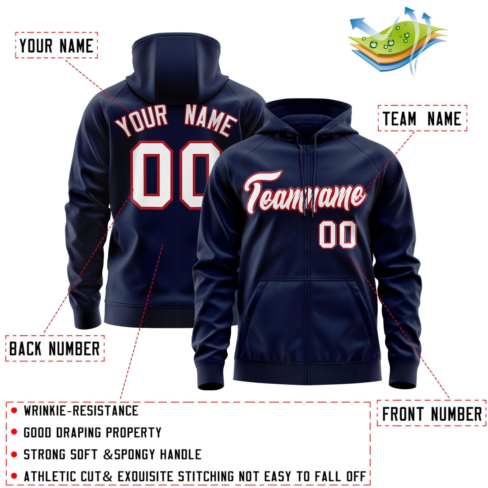 Custom Stitched Navy White-Red Sports Full-Zip Sweatshirt Hoodie| KXKSHOP