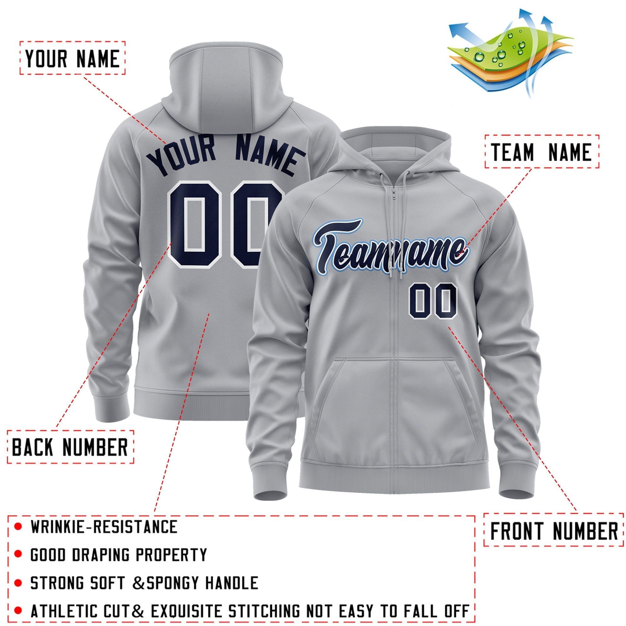 Custom Stitched Gray Navy-Light Blue Sports Full-Zip Sweatshirt Hoodie| KXKSHOP