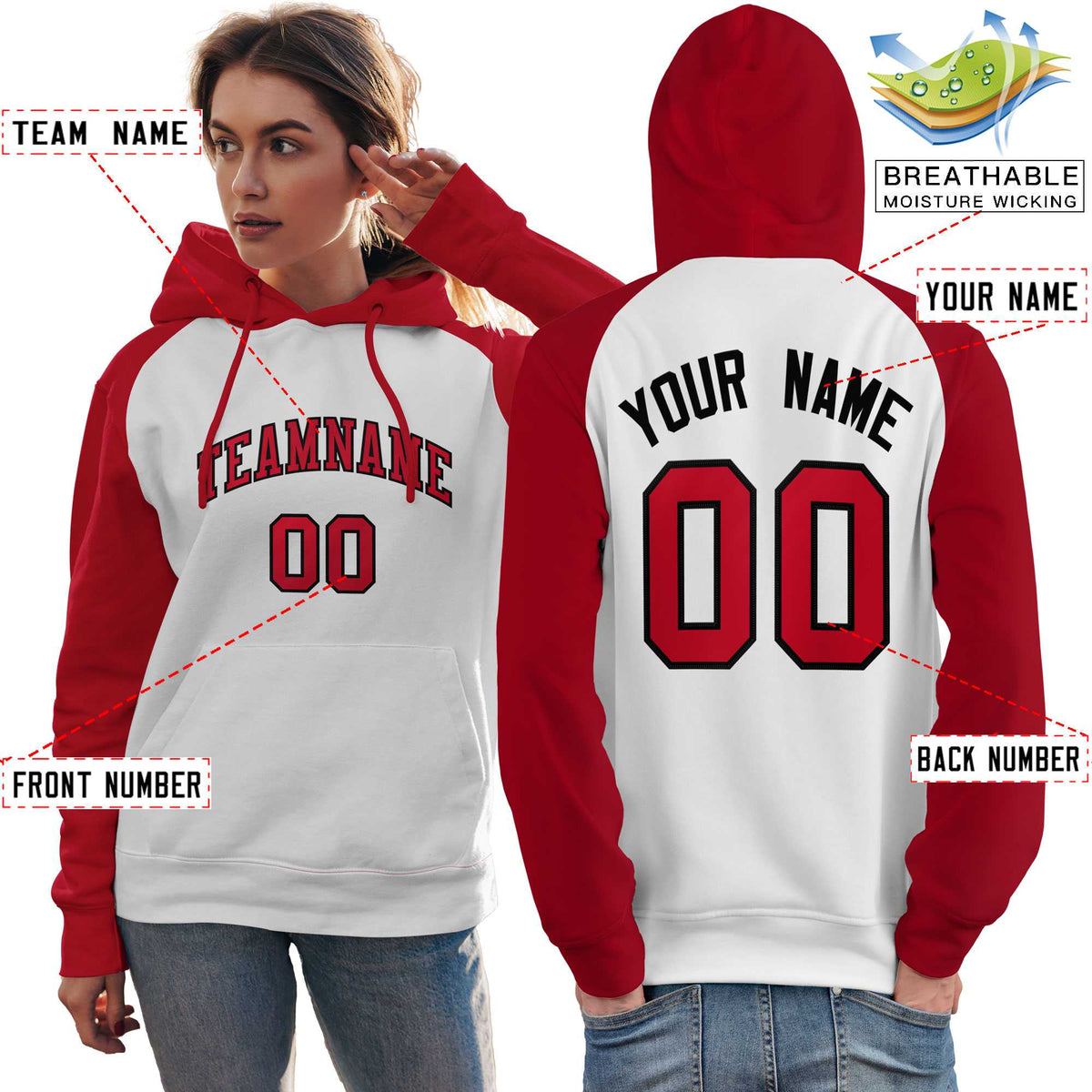 Custom Stitched White Red Raglan Sleeves Sports Pullover Sweatshirt Hoodie For Women| KXKSHOP