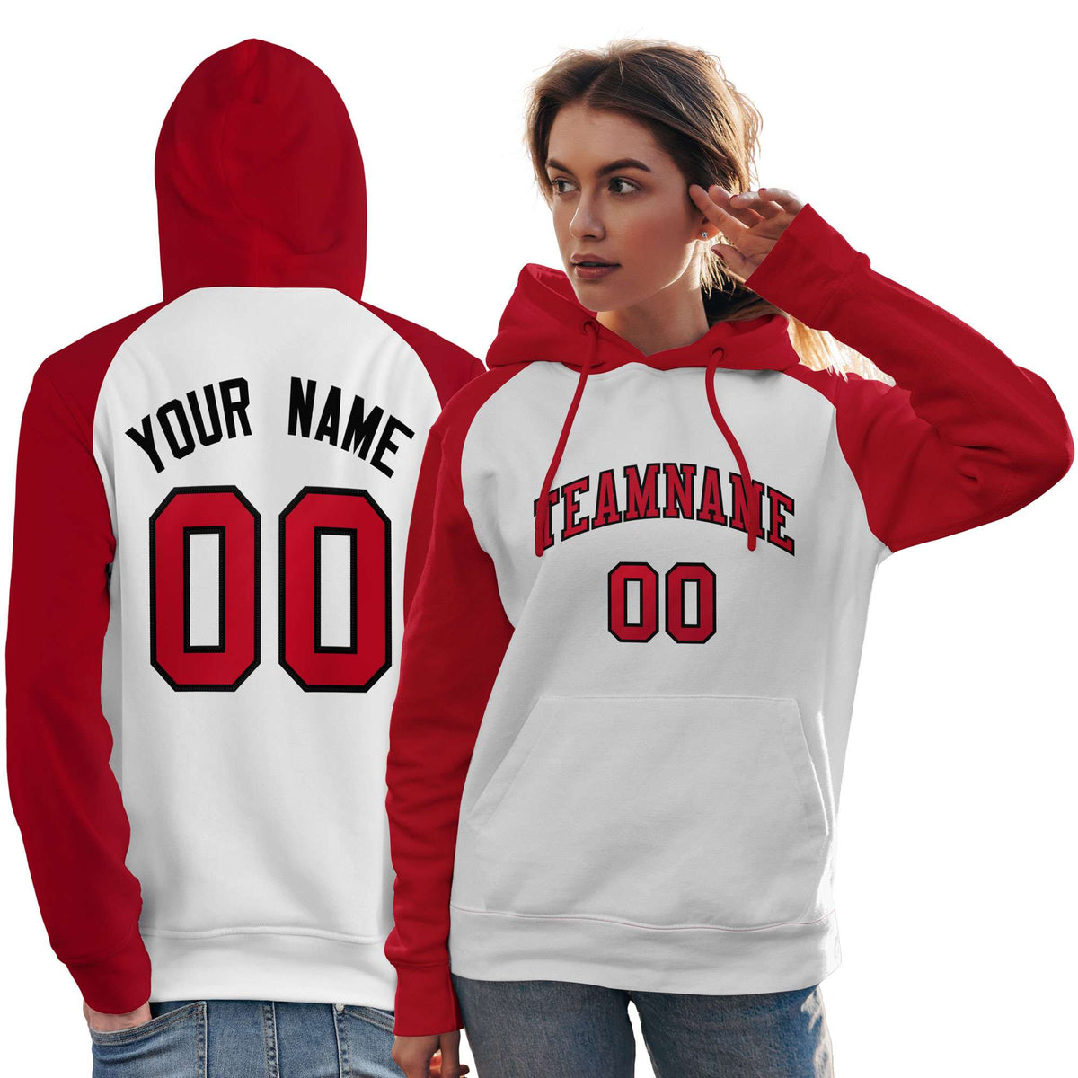 Custom Stitched White Red Raglan Sleeves Sports Pullover Sweatshirt Hoodie For Women| KXKSHOP