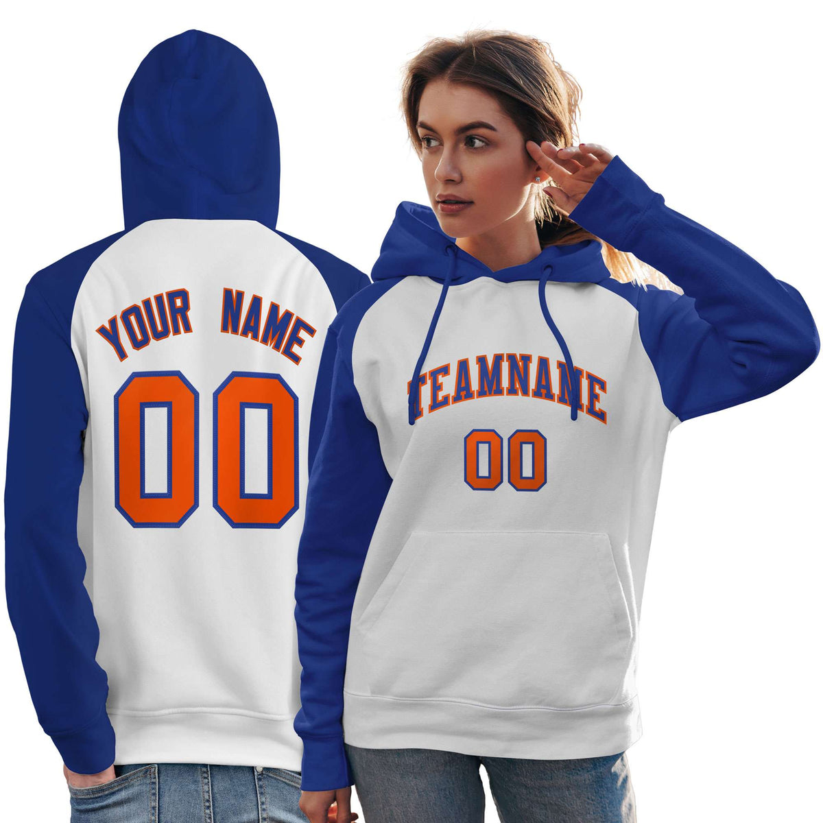 Custom Stitched White Royal Raglan Sleeves Sports Pullover Sweatshirt Hoodie For Women| KXKSHOP