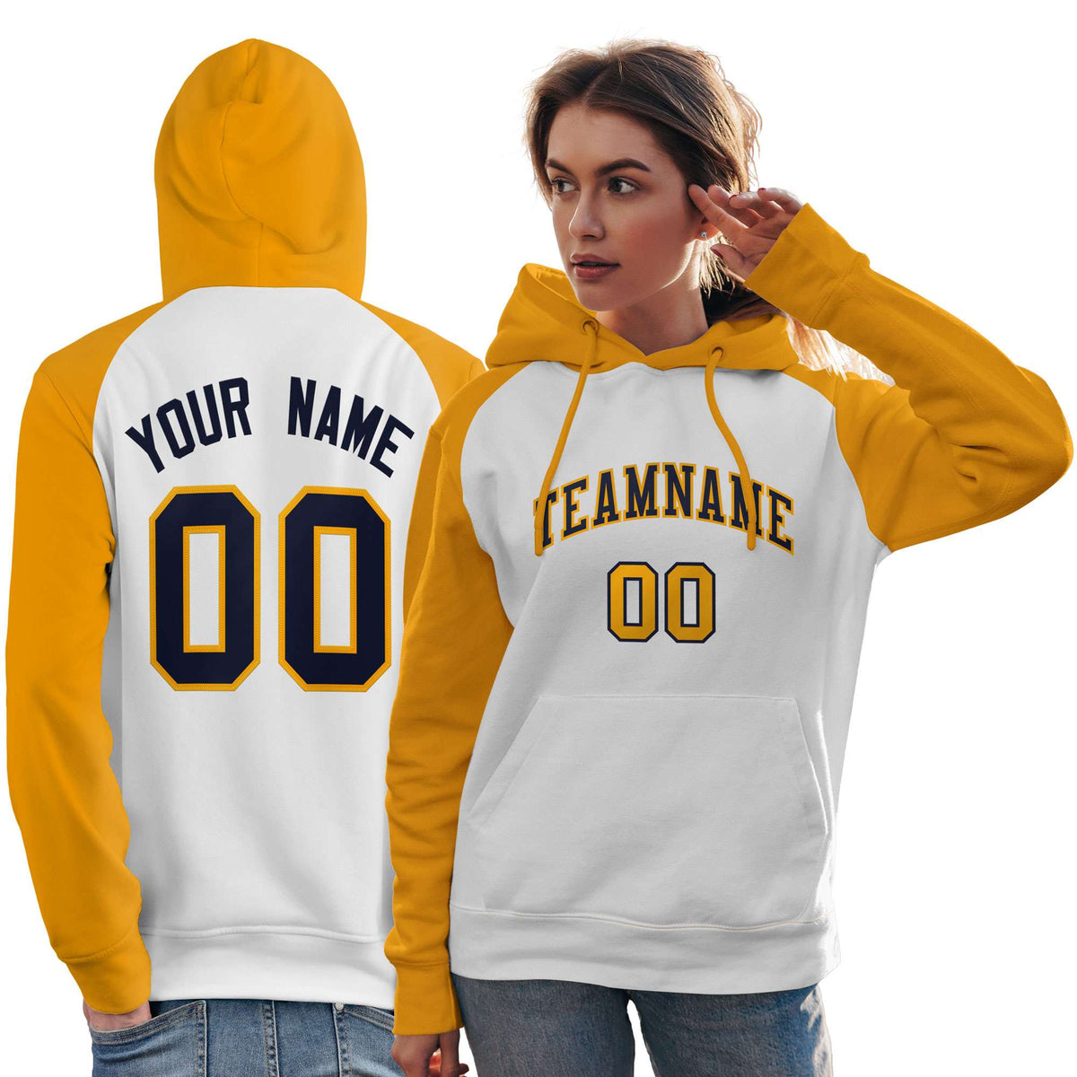 Custom Stitched White Gold-Navy Raglan Sleeves Sports Pullover Sweatshirt Hoodie For Women| KXKSHOP