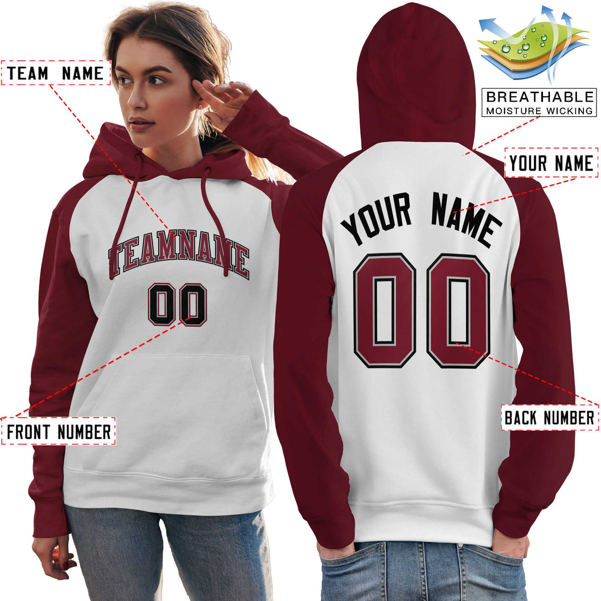 Custom Stitched White Crimson Raglan Sleeves Sports Pullover Sweatshirt Hoodie For Women| KXKSHOP