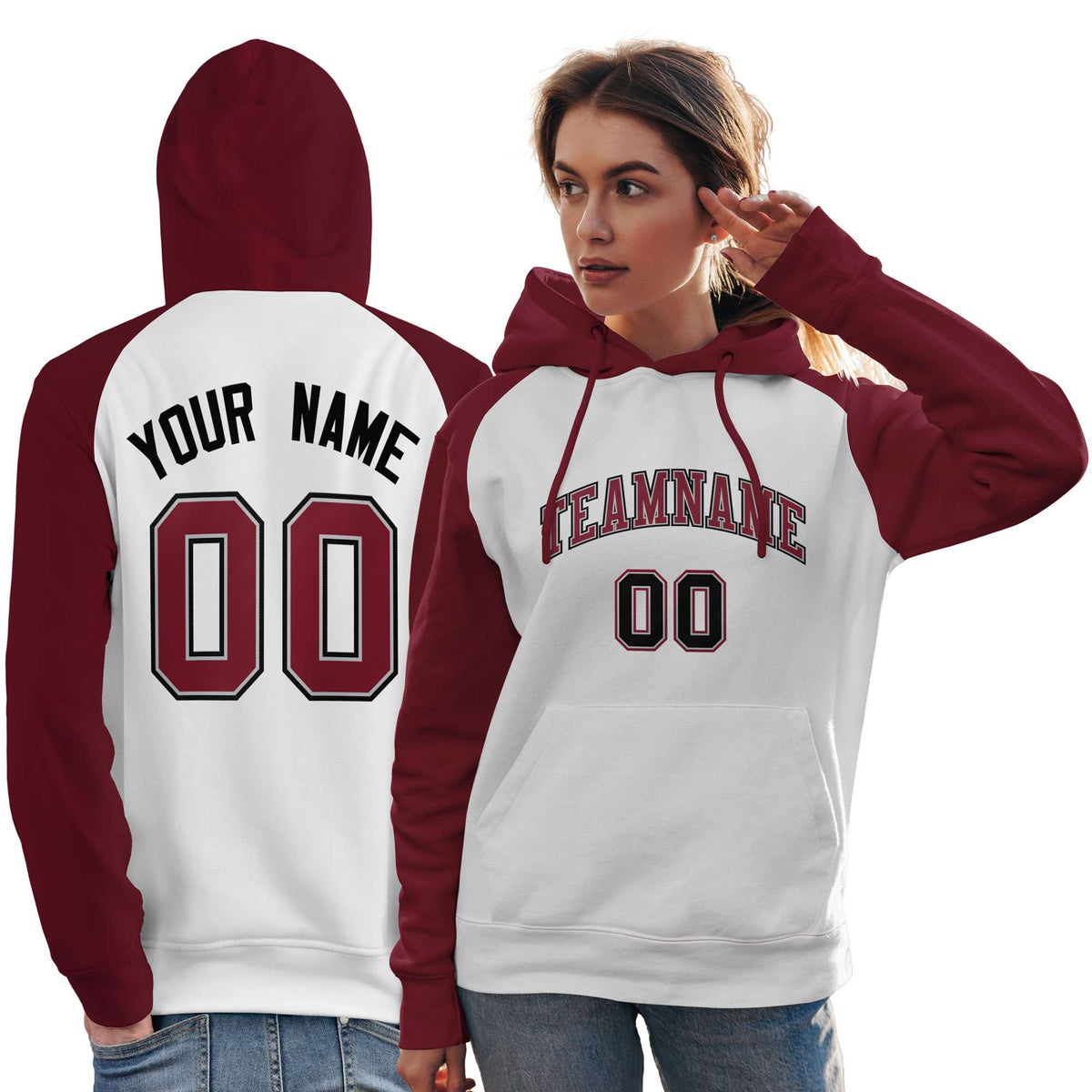Custom Stitched White Crimson Raglan Sleeves Sports Pullover Sweatshirt Hoodie For Women| KXKSHOP