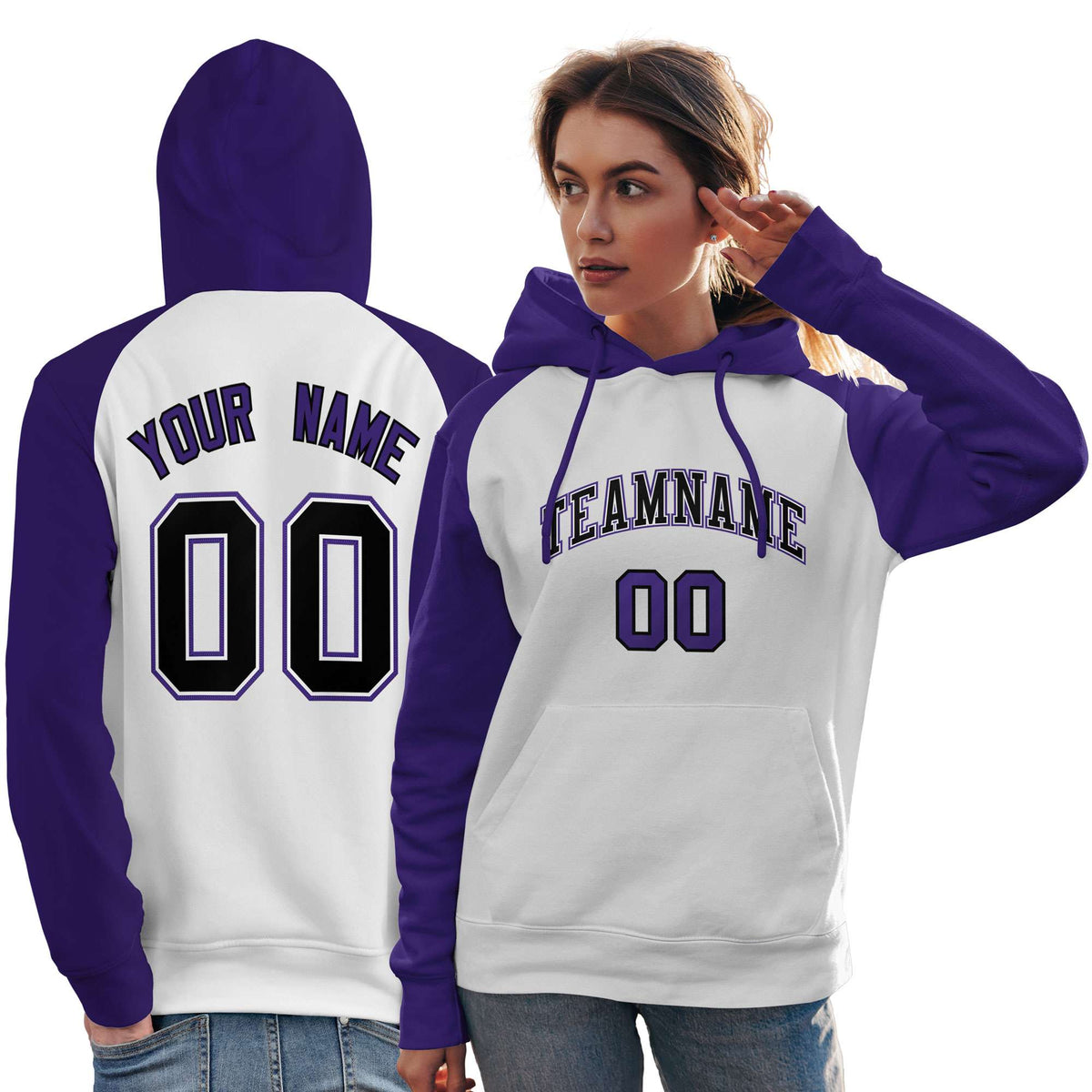 Custom Stitched White Purple-Black Raglan Sleeves Sports Pullover Sweatshirt Hoodie For Women| KXKSHOP
