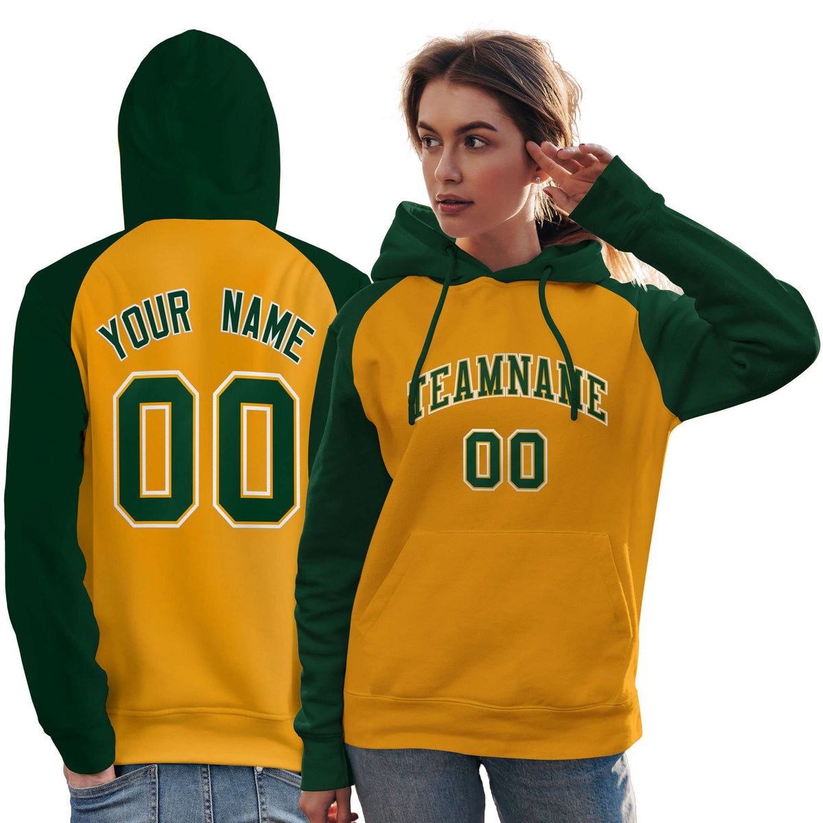 Custom Stitched Gold Green Raglan Sleeves Sports Pullover Sweatshirt Hoodie For Women| KXKSHOP