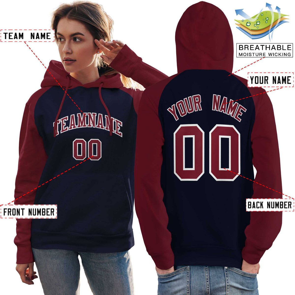 Custom Stitched Navy Crimson Raglan Sleeves Sports Pullover Sweatshirt Hoodie For Women| KXKSHOP