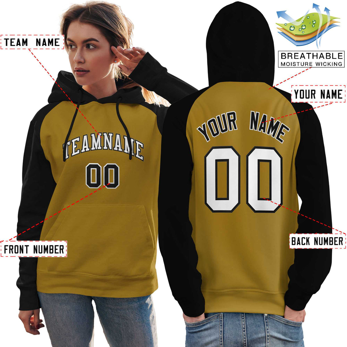Custom Stitched Old Gold Black-White Raglan Sleeves Sports Pullover Sweatshirt Hoodie For Women| KXKSHOP