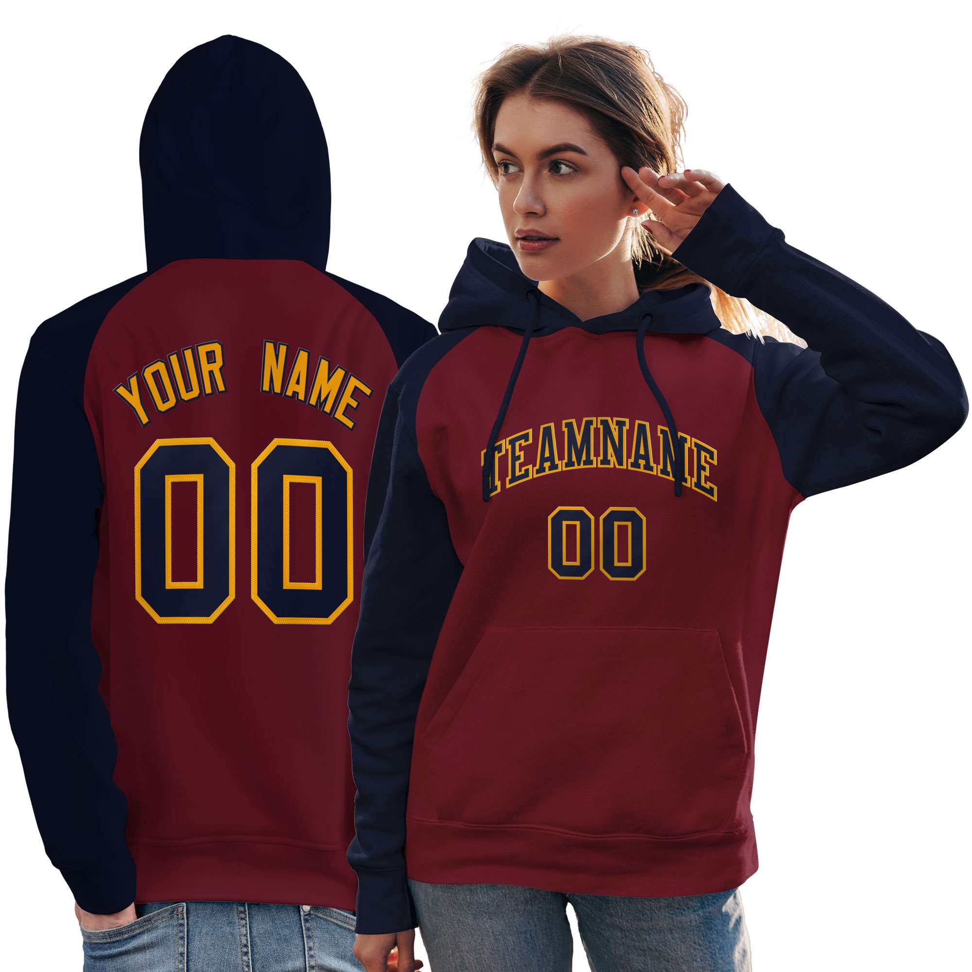 Custom Stitched Crimson Navy Raglan Sleeves Sports Pullover Sweatshirt Hoodie For Women| KXKSHOP