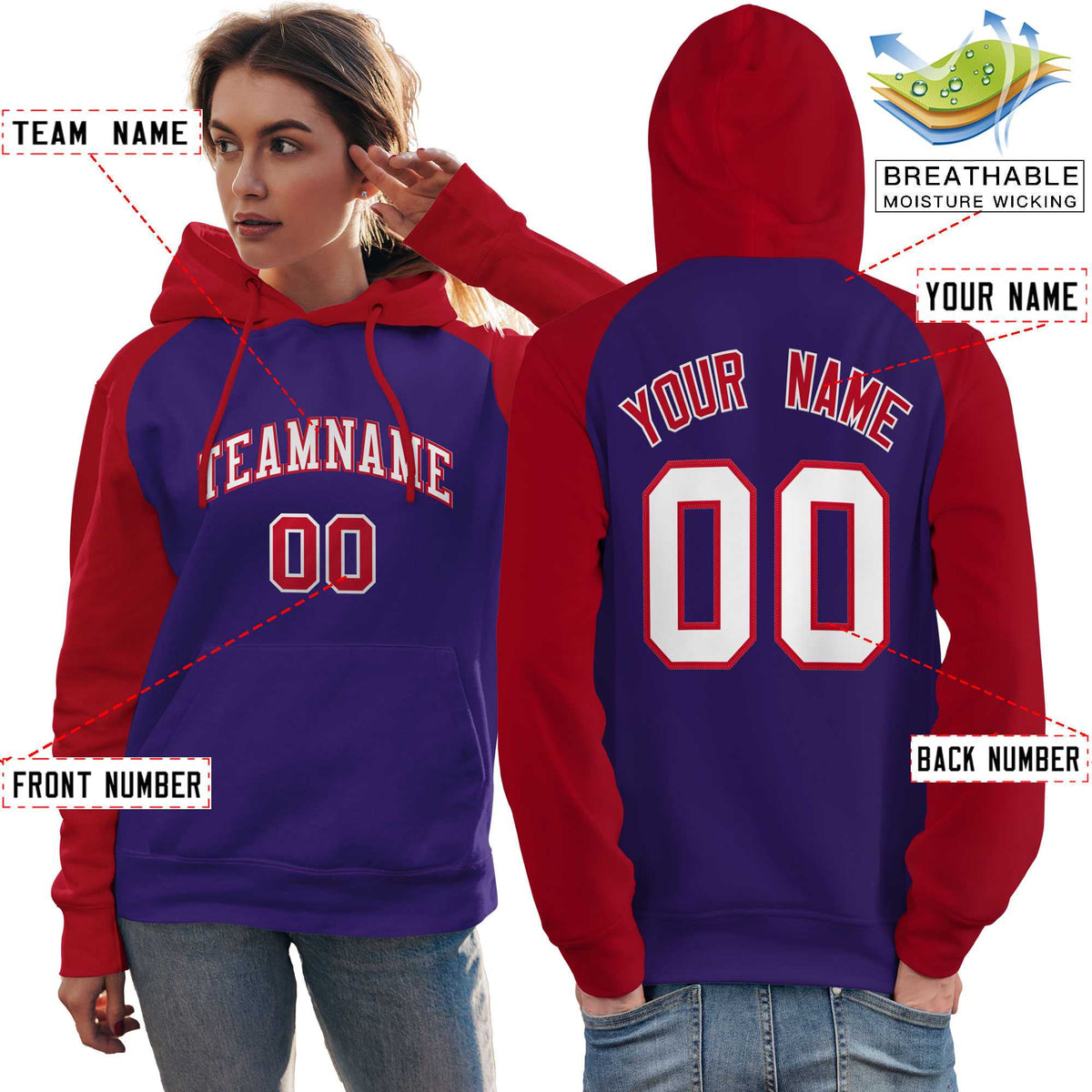 Custom Stitched Purple Red-White Raglan Sleeves Sports Pullover Sweatshirt Hoodie For Women| KXKSHOP