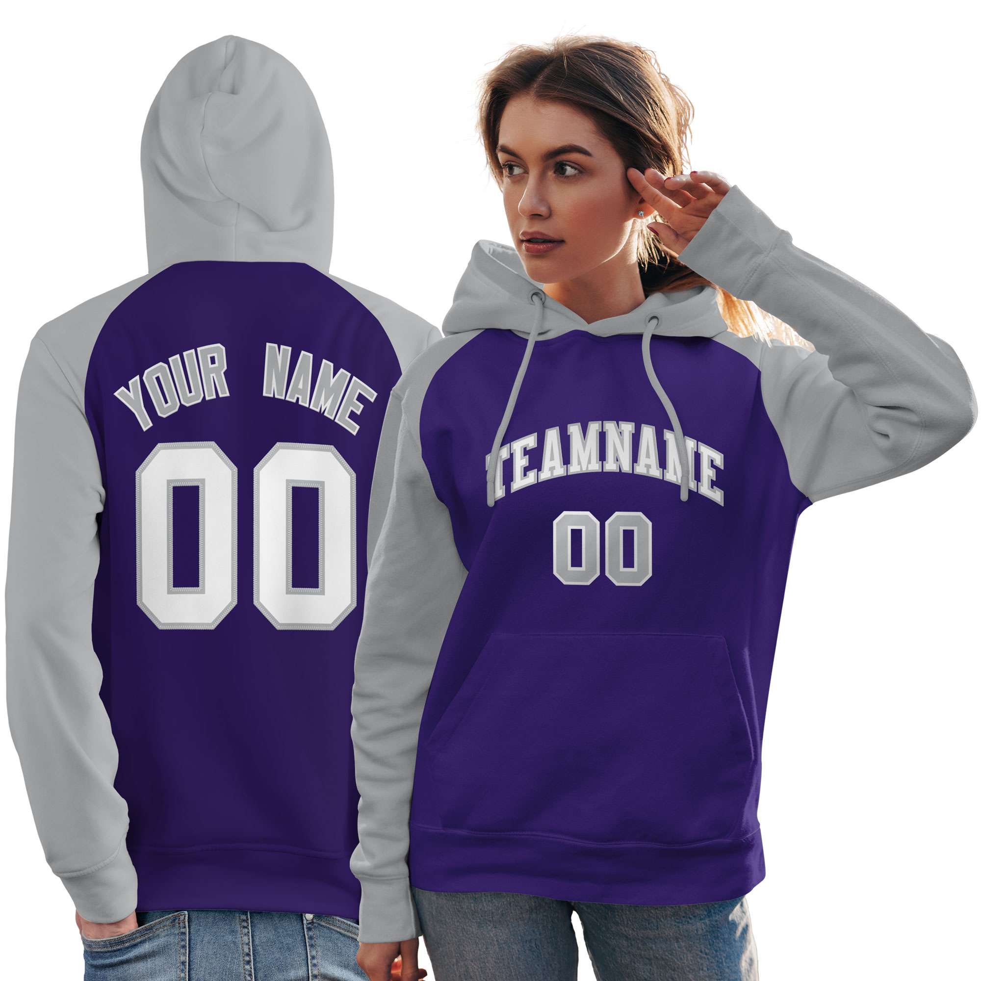 Custom Stitched Purple Gray-White Raglan Sleeves Sports Pullover Sweatshirt Hoodie For Women| KXKSHOP