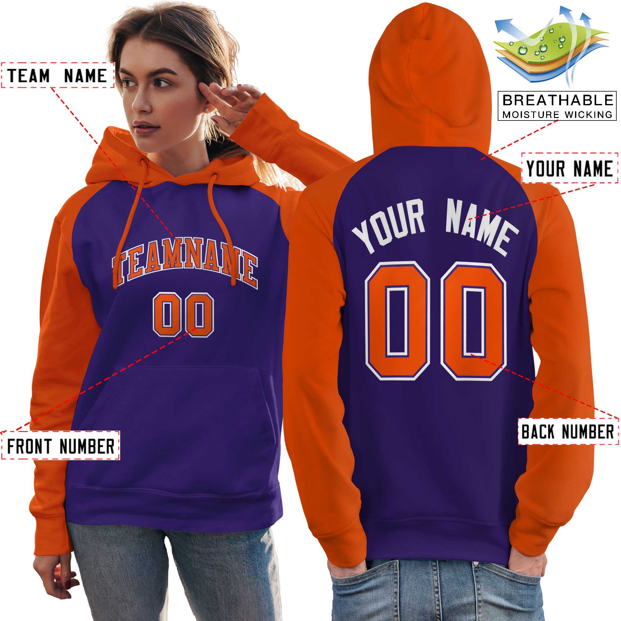 Custom Stitched Purple Orange Raglan Sleeves Sports Pullover Sweatshirt Hoodie For Women| KXKSHOP