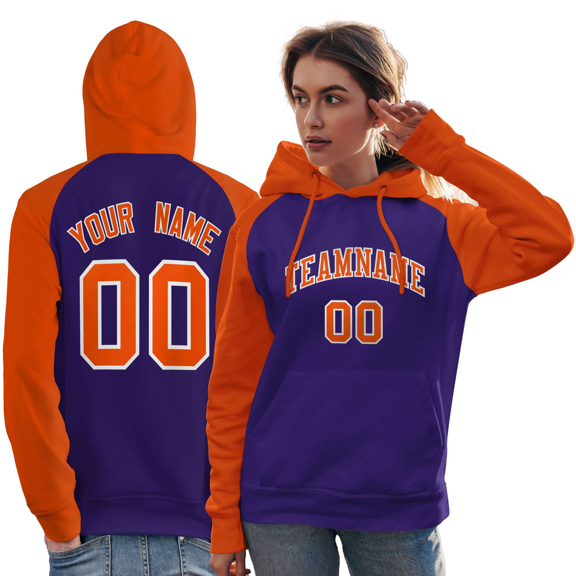 Custom Stitched Purple Orange Raglan Sleeves Sports Pullover Sweatshirt Hoodie For Women| KXKSHOP