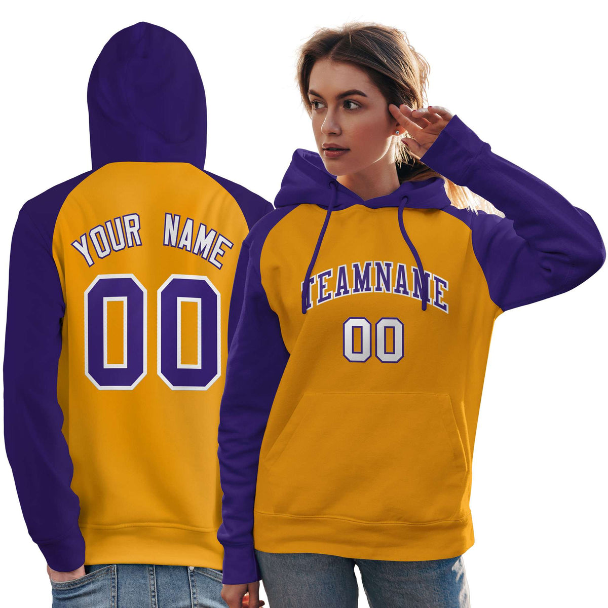 Custom Stitched Gold Purple Raglan Sleeves Sports Pullover Sweatshirt Hoodie For Women| KXKSHOP