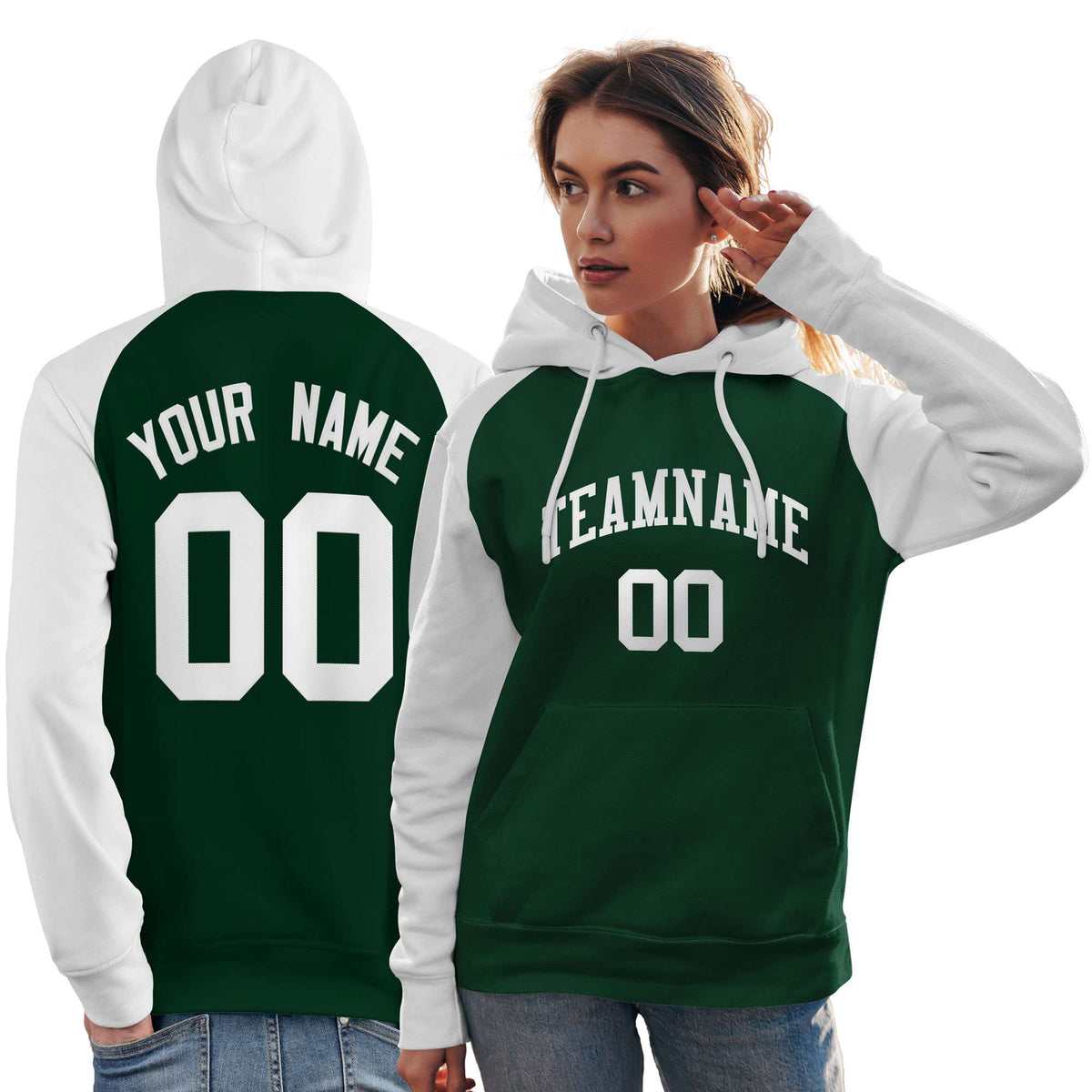Custom Stitched Green White Raglan Sleeves Sports Pullover Sweatshirt Hoodie For Women| KXKSHOP