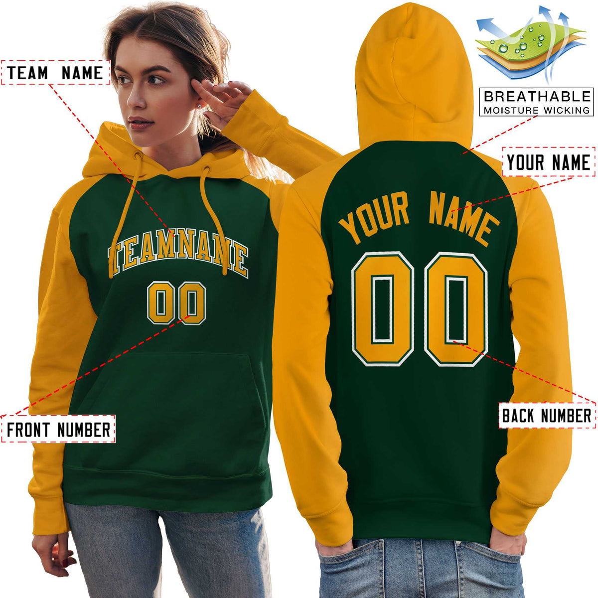 Custom Stitched Green Gold Raglan Sleeves Sports Pullover Sweatshirt Hoodie For Women| KXKSHOP