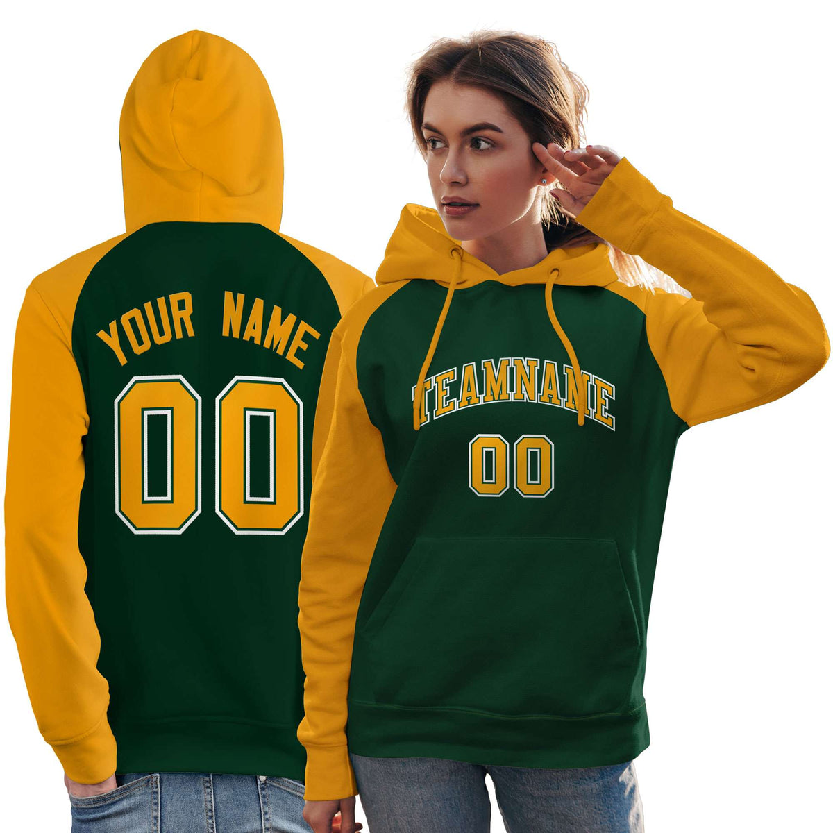 Custom Stitched Green Gold Raglan Sleeves Sports Pullover Sweatshirt Hoodie For Women| KXKSHOP