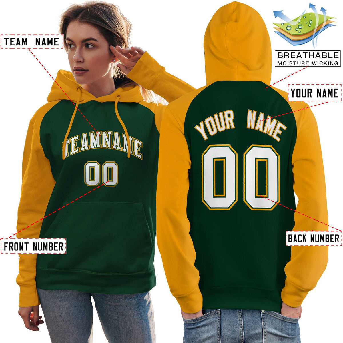 Custom Stitched Green Gold-White Raglan Sleeves Sports Pullover Sweatshirt Hoodie For Women| KXKSHOP