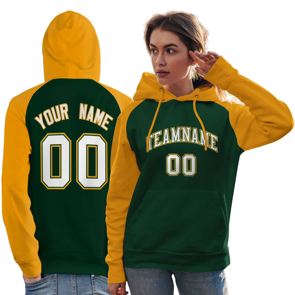Custom Stitched Green Gold-White Raglan Sleeves Sports Pullover Sweatshirt Hoodie For Women| KXKSHOP