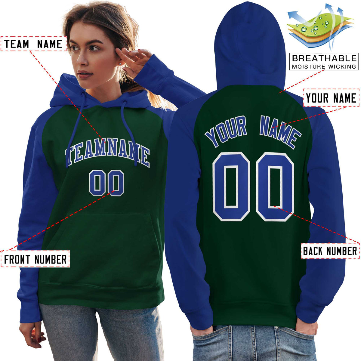 Custom Stitched Green Royal Raglan Sleeves Sports Pullover Sweatshirt Hoodie For Women| KXKSHOP