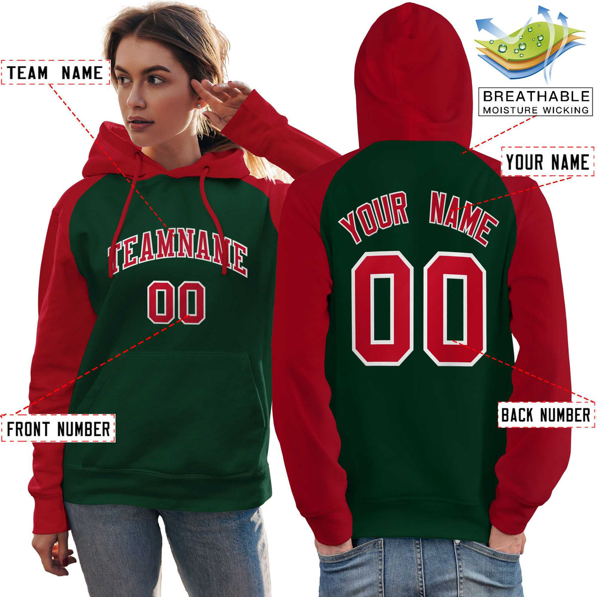 Custom Stitched Green Red Raglan Sleeves Sports Pullover Sweatshirt Hoodie For Women| KXKSHOP