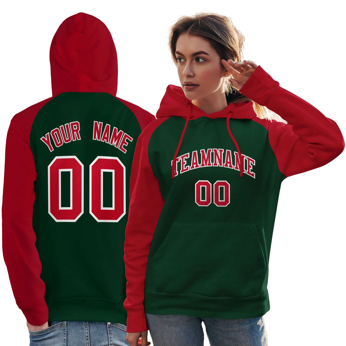 Custom Stitched Green Red Raglan Sleeves Sports Pullover Sweatshirt Hoodie For Women| KXKSHOP
