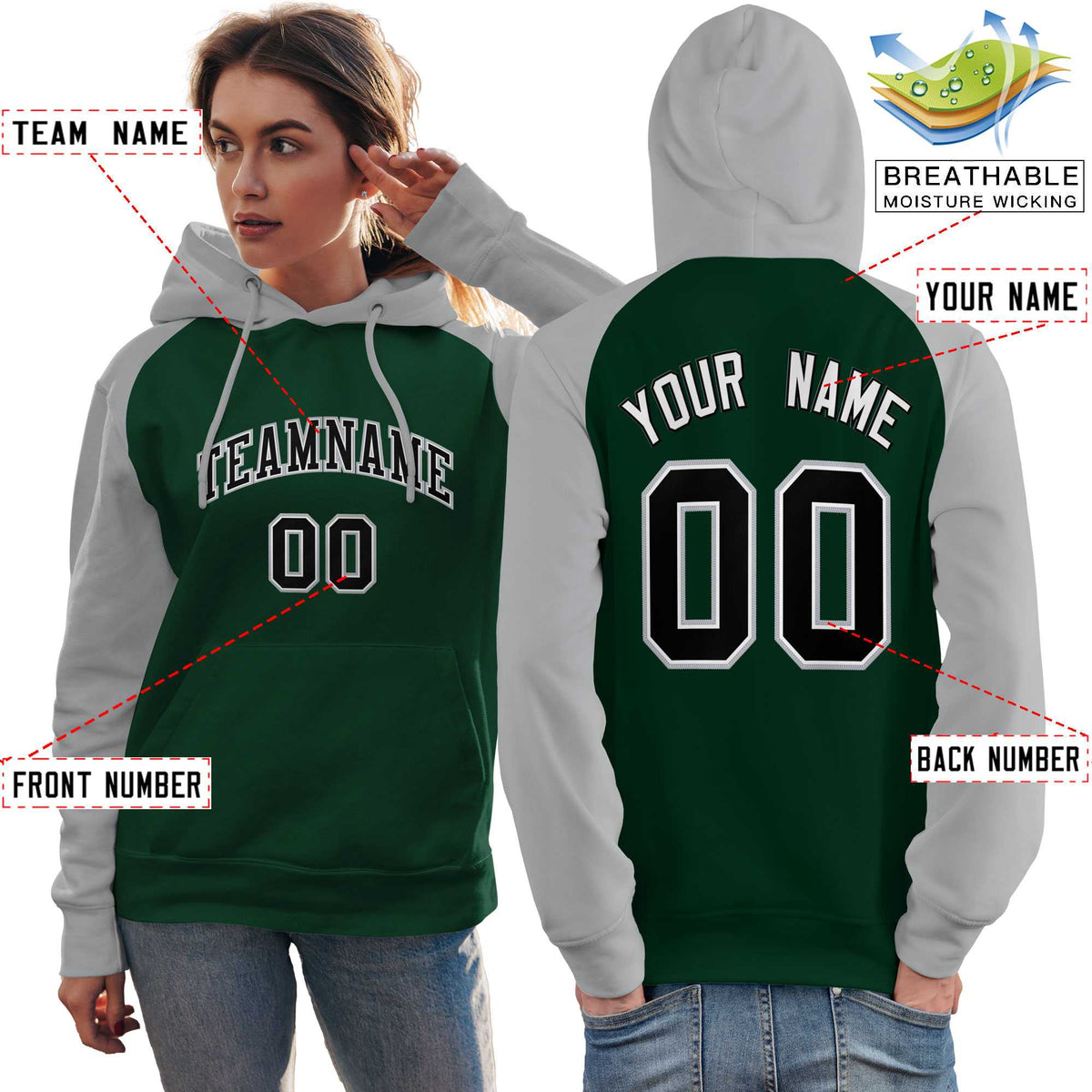 Custom Stitched Green Gray-Black Raglan Sleeves Sports Pullover Sweatshirt Hoodie For Women| KXKSHOP