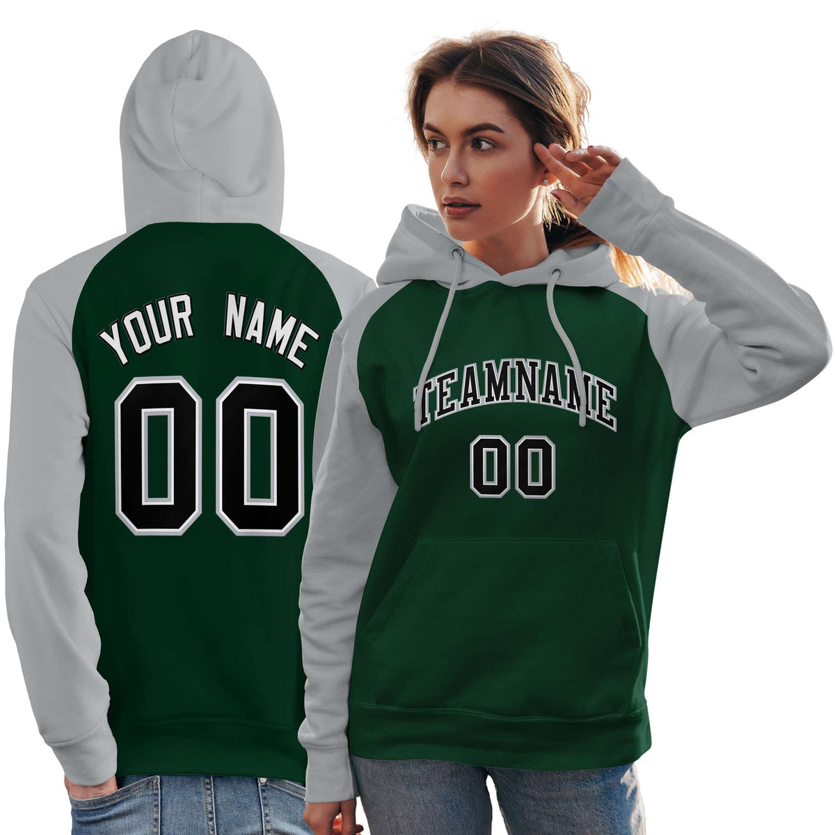 Custom Stitched Green Gray-Black Raglan Sleeves Sports Pullover Sweatshirt Hoodie For Women| KXKSHOP
