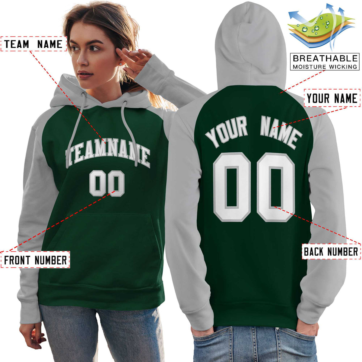 Custom Stitched Green Gray-White Raglan Sleeves Sports Pullover Sweatshirt Hoodie For Women| KXKSHOP
