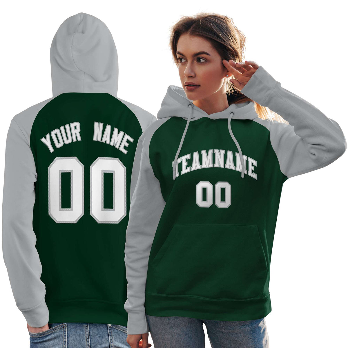 Custom Stitched Green Gray-White Raglan Sleeves Sports Pullover Sweatshirt Hoodie For Women| KXKSHOP