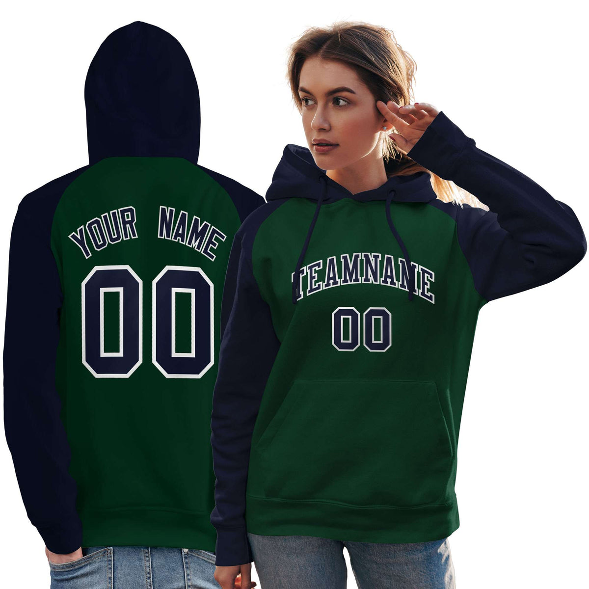 Custom Stitched Green Navy Raglan Sleeves Sports Pullover Sweatshirt Hoodie For Women| KXKSHOP
