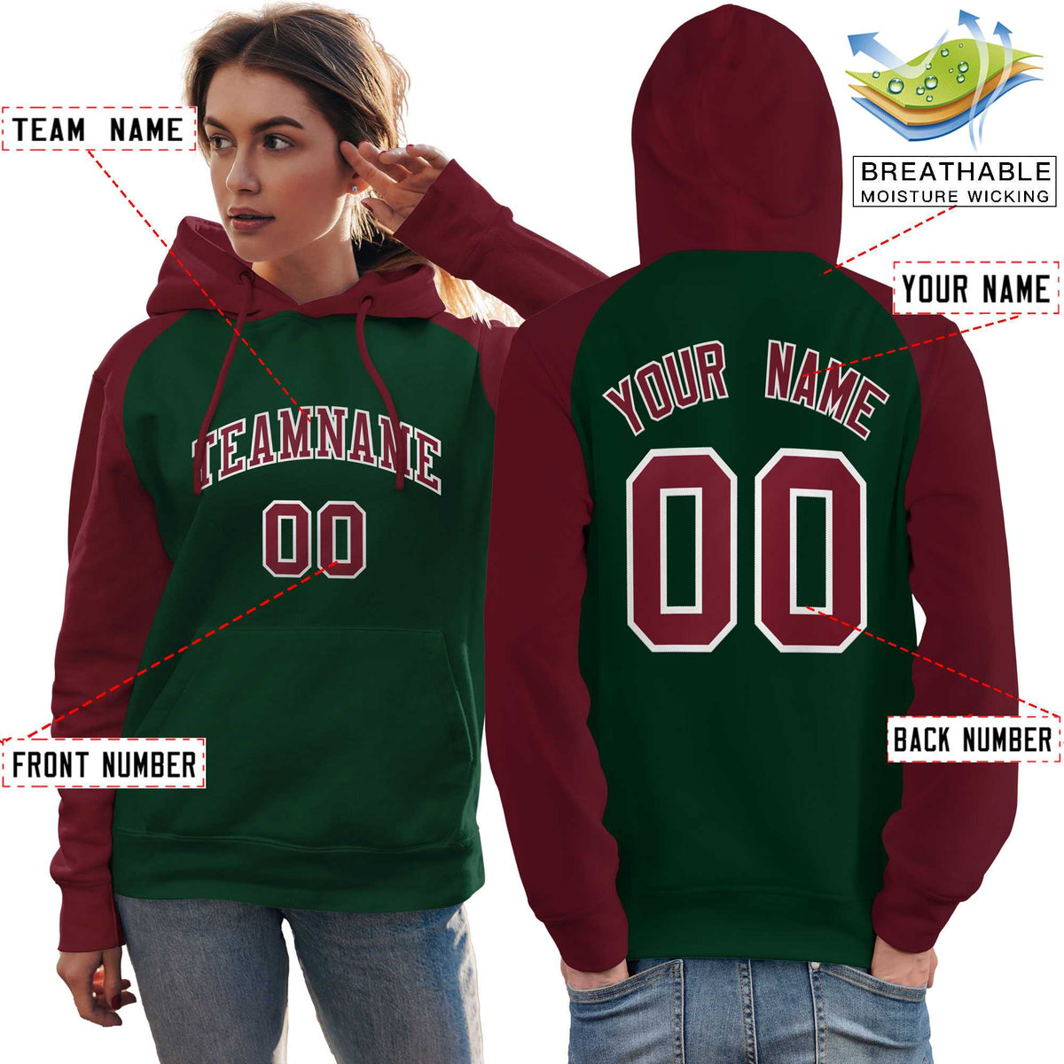 Custom Stitched Green Crimson Raglan Sleeves Sports Pullover Sweatshirt Hoodie For Women| KXKSHOP