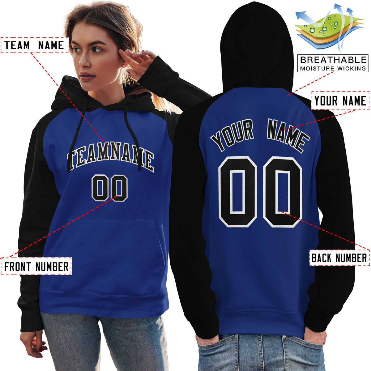 Custom Stitched Royal Black Raglan Sleeves Sports Pullover Sweatshirt Hoodie For Women| KXKSHOP