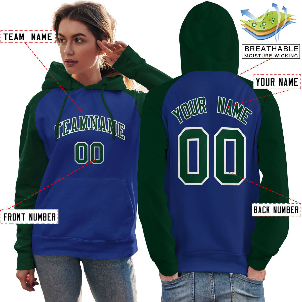 Custom Stitched Royal Green Raglan Sleeves Sports Pullover Sweatshirt Hoodie For Women| KXKSHOP
