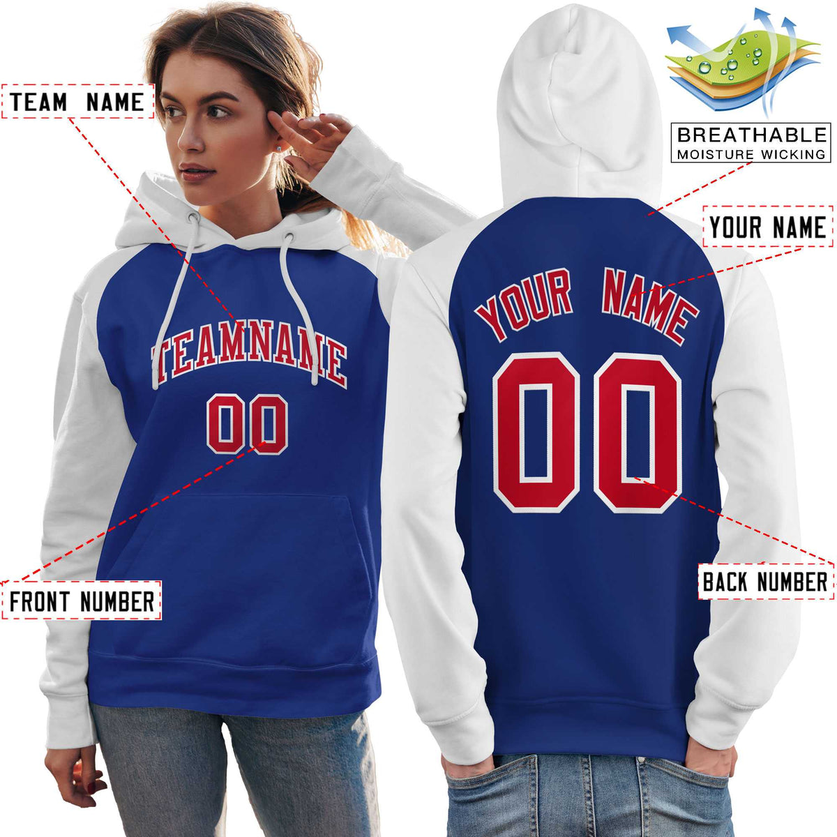 Custom Stitched Royal White-Red Raglan Sleeves Sports Pullover Sweatshirt Hoodie For Women| KXKSHOP