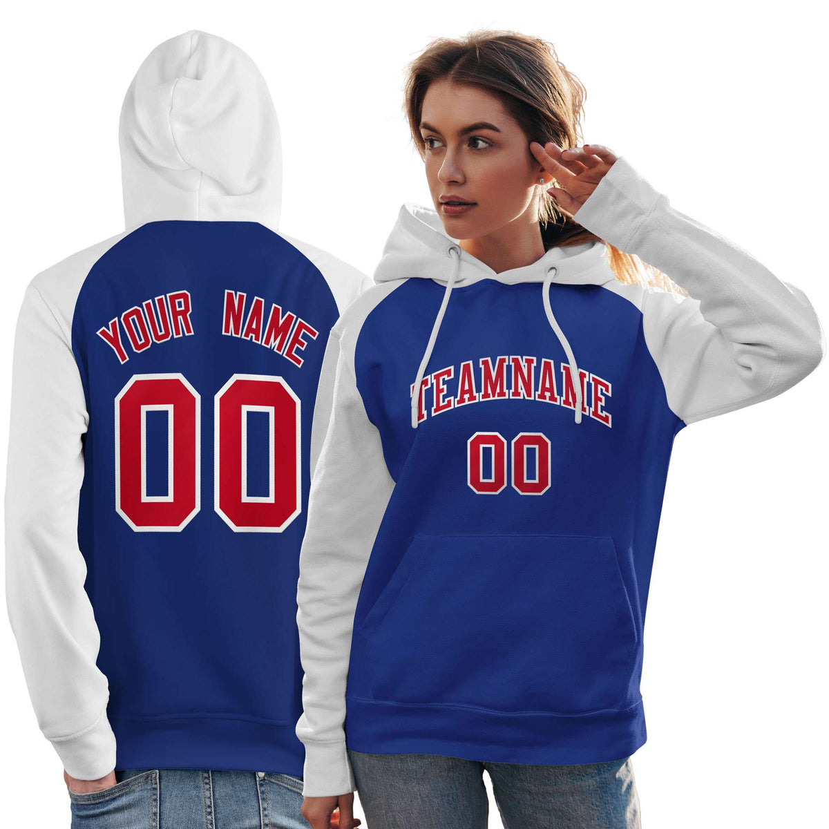 Custom Stitched Royal White-Red Raglan Sleeves Sports Pullover Sweatshirt Hoodie For Women| KXKSHOP