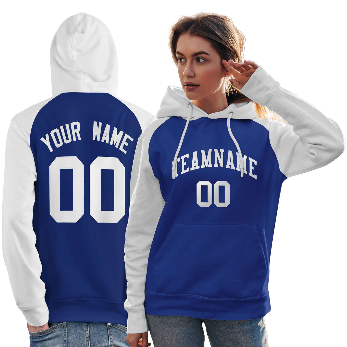 Custom Stitched Royal White Raglan Sleeves Sports Pullover Sweatshirt Hoodie For Women| KXKSHOP
