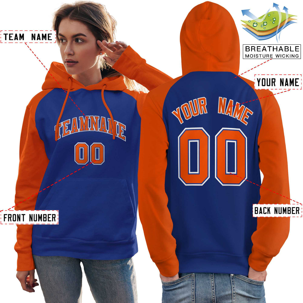 Custom Stitched Royal Orange Raglan Sleeves Sports Pullover Sweatshirt Hoodie For Women| KXKSHOP