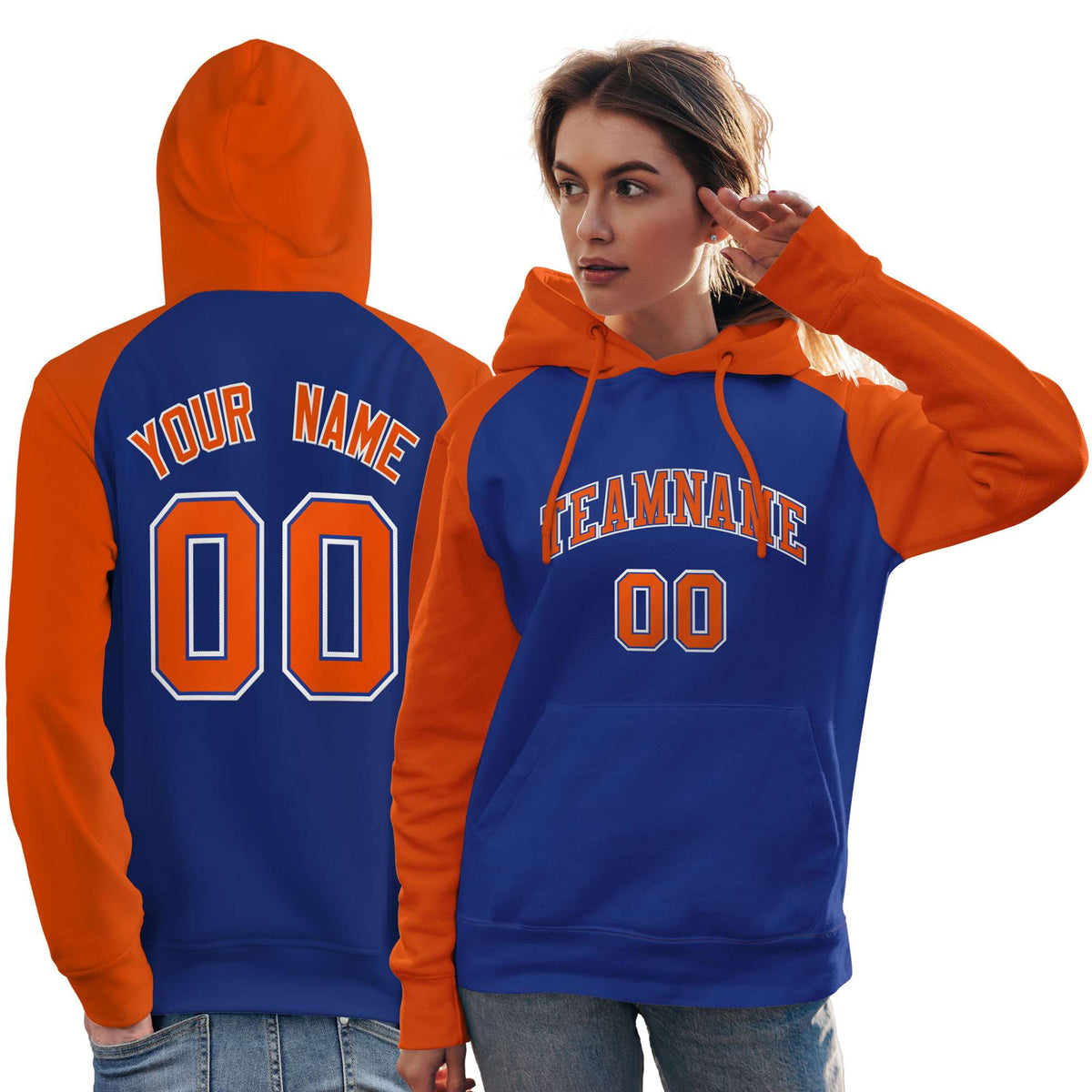 Custom Stitched Royal Orange Raglan Sleeves Sports Pullover Sweatshirt Hoodie For Women| KXKSHOP