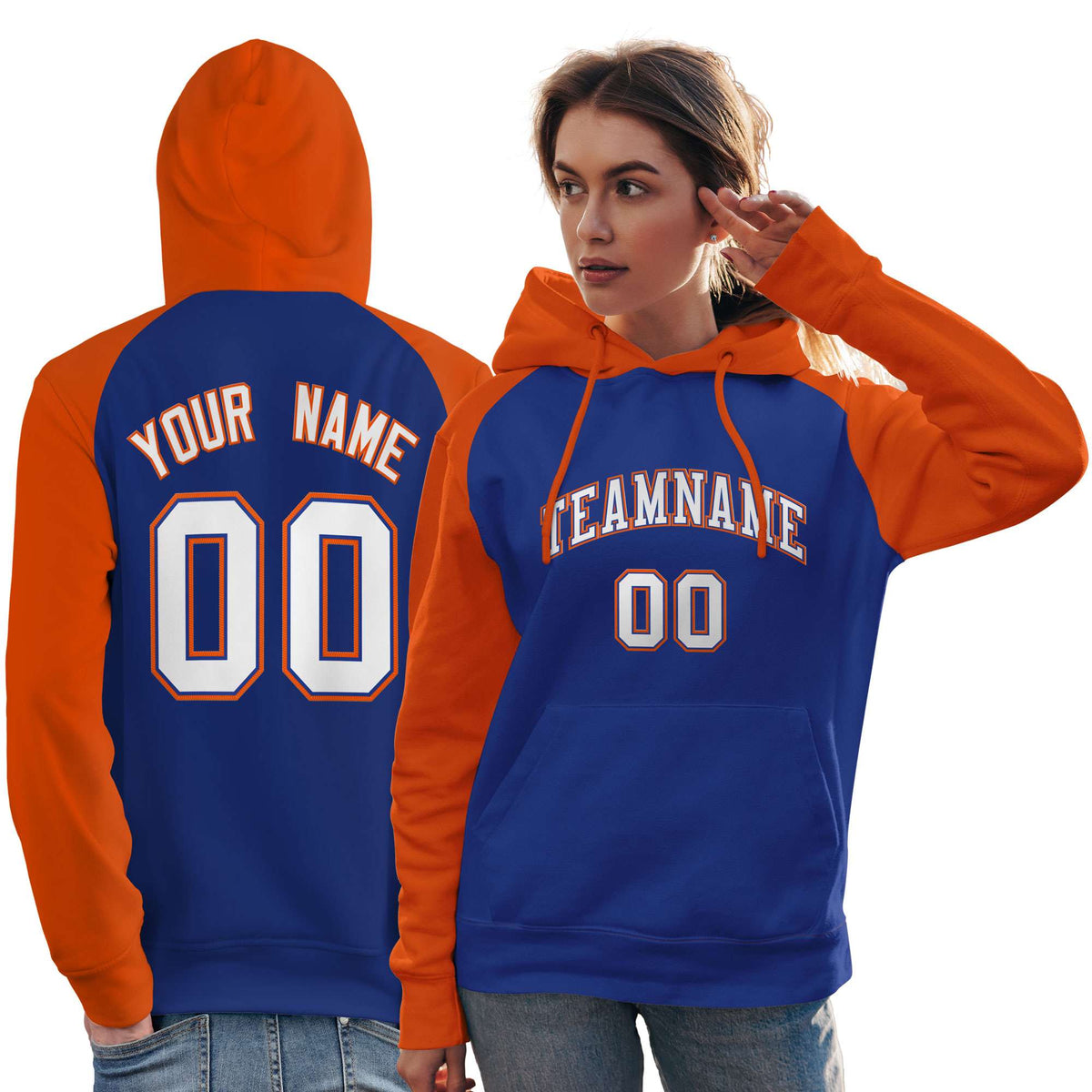 Custom Stitched Royal Orange-White Raglan Sleeves Sports Pullover Sweatshirt Hoodie For Women| KXKSHOP