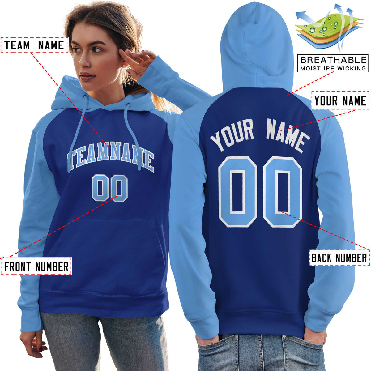 Custom Stitched Royal Powder Blue Raglan Sleeves Sports Pullover Sweatshirt Hoodie For Women| KXKSHOP
