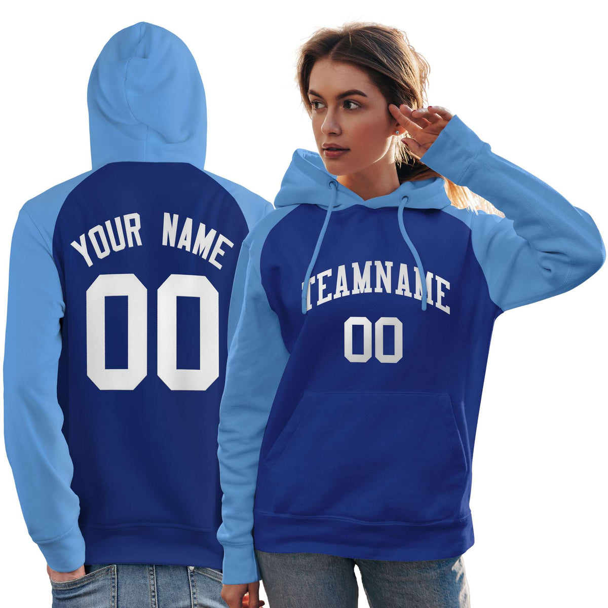 Custom Stitched Royal Powder Blue-White Raglan Sleeves Sports Pullover Sweatshirt Hoodie For Women| KXKSHOP