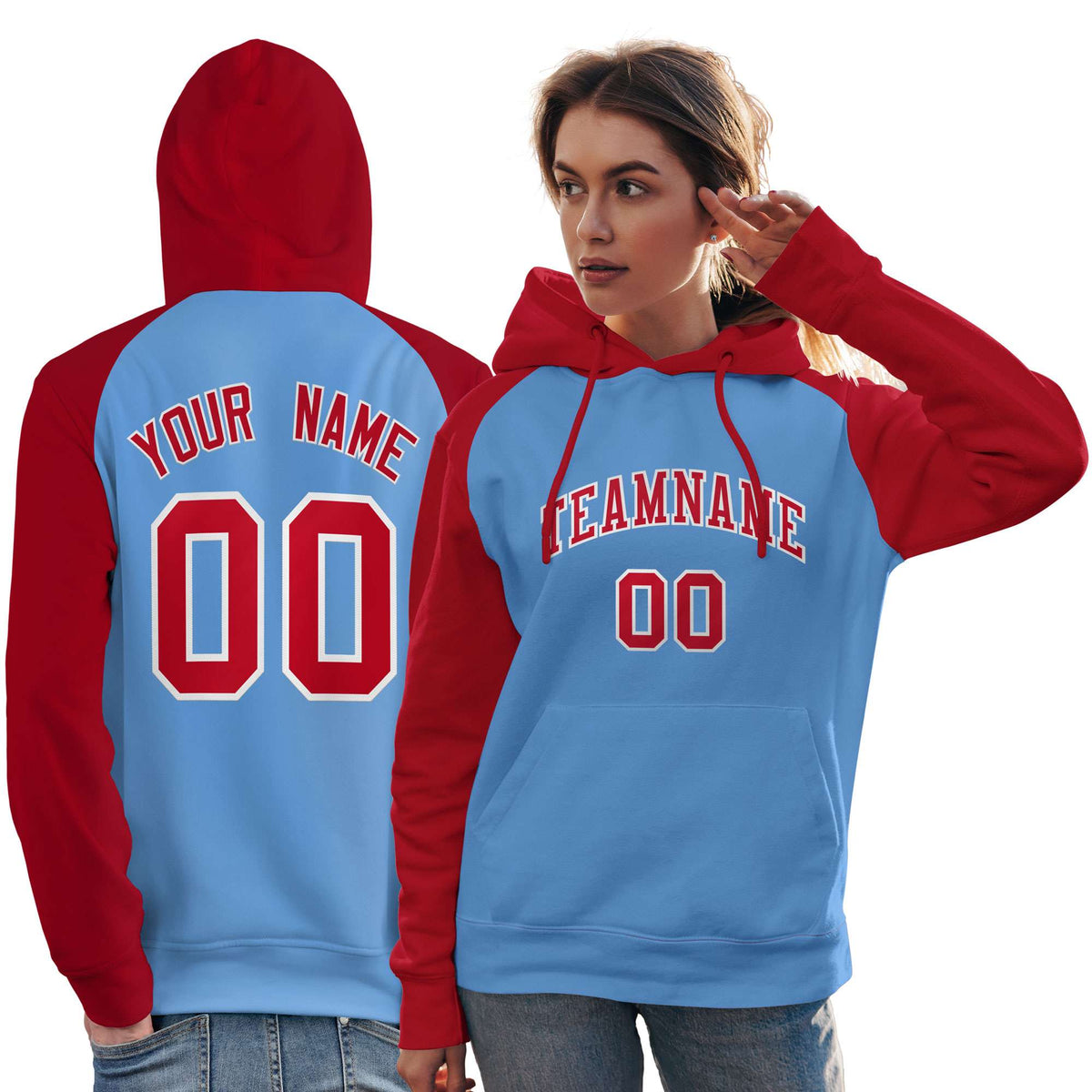 Custom Stitched Powder Blue Red Raglan Sleeves Sports Pullover Sweatshirt Hoodie For Women| KXKSHOP
