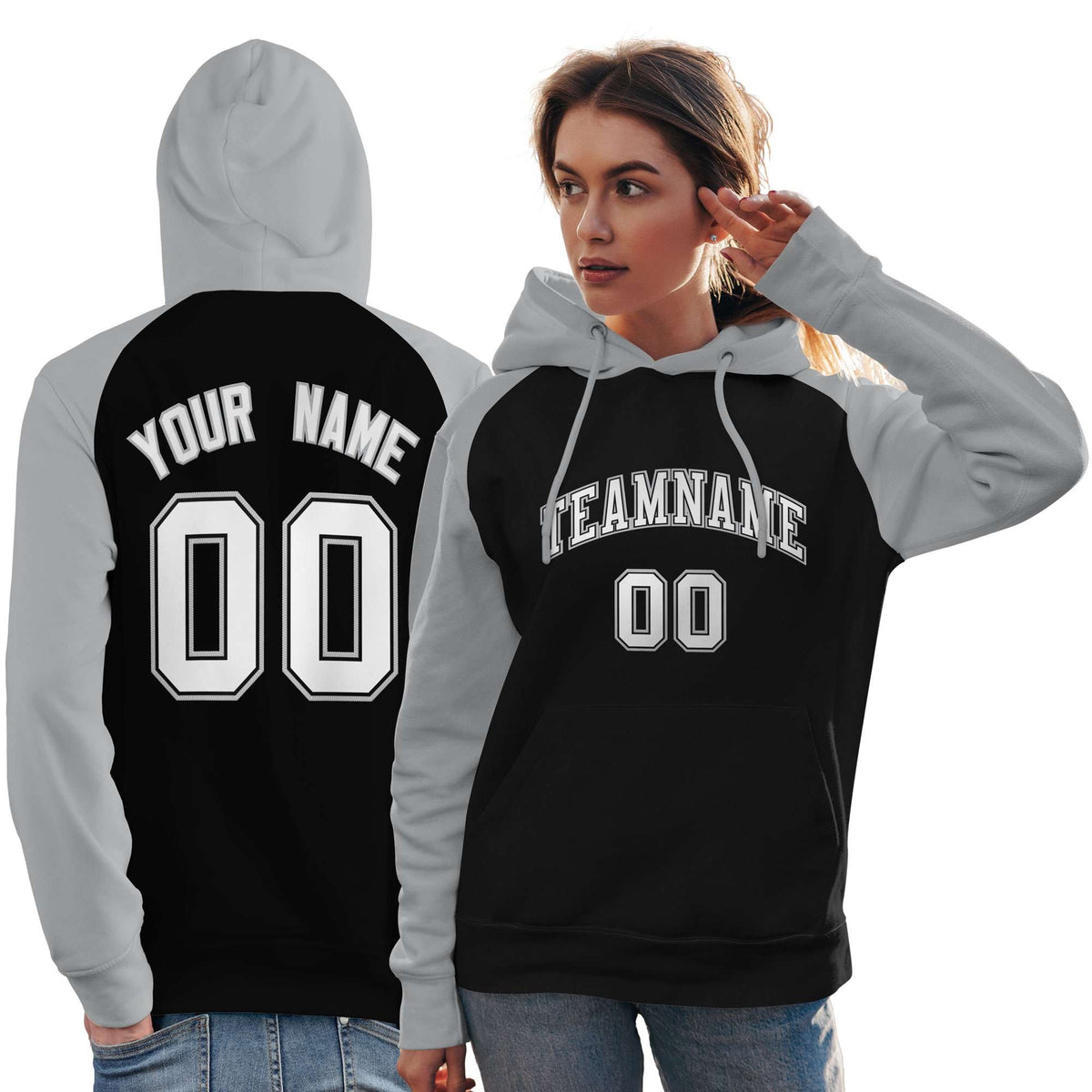 Custom Stitched Black Gray-White Raglan Sleeves Sports Pullover Sweatshirt Hoodie For Women| KXKSHOP