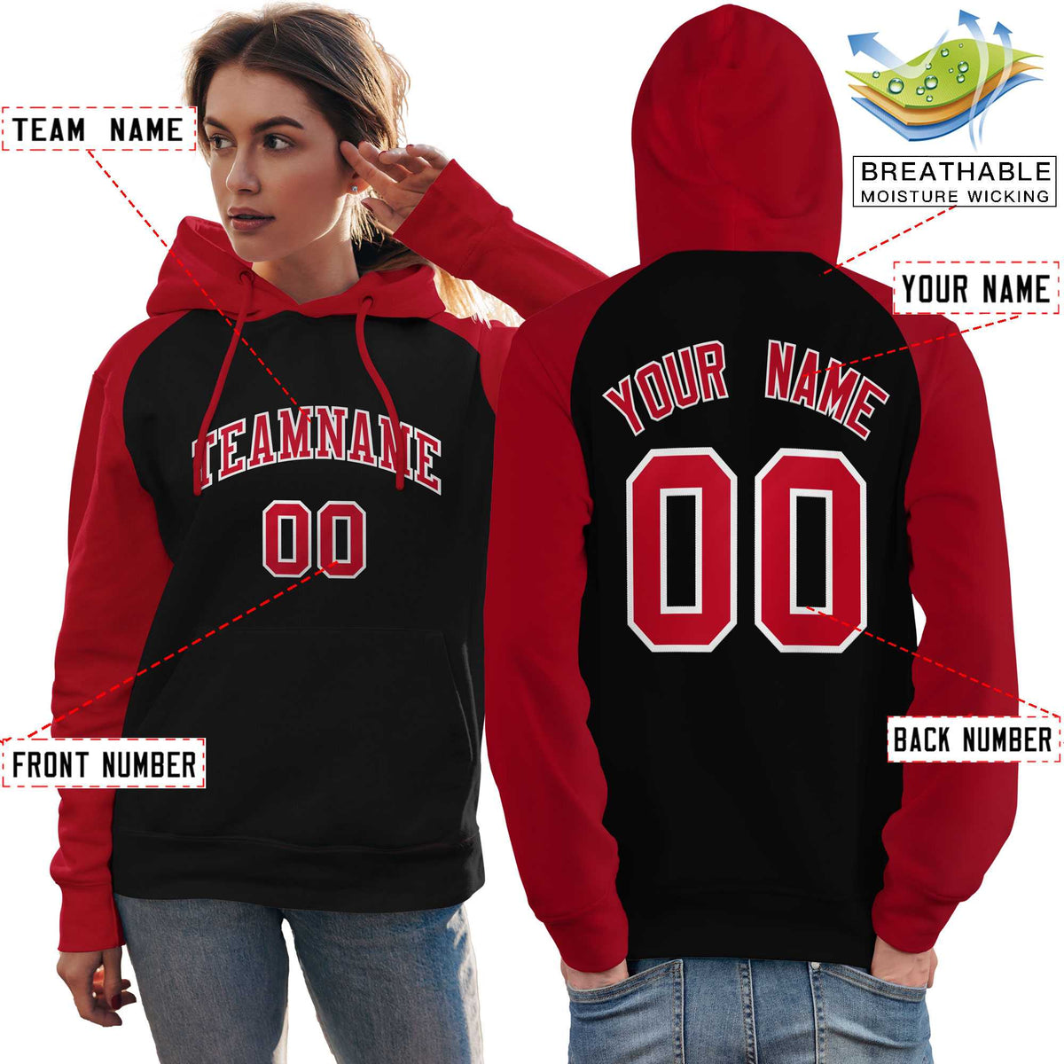 Custom Stitched Black Red Raglan Sleeves Sports Pullover Sweatshirt Hoodie For Women| KXKSHOP