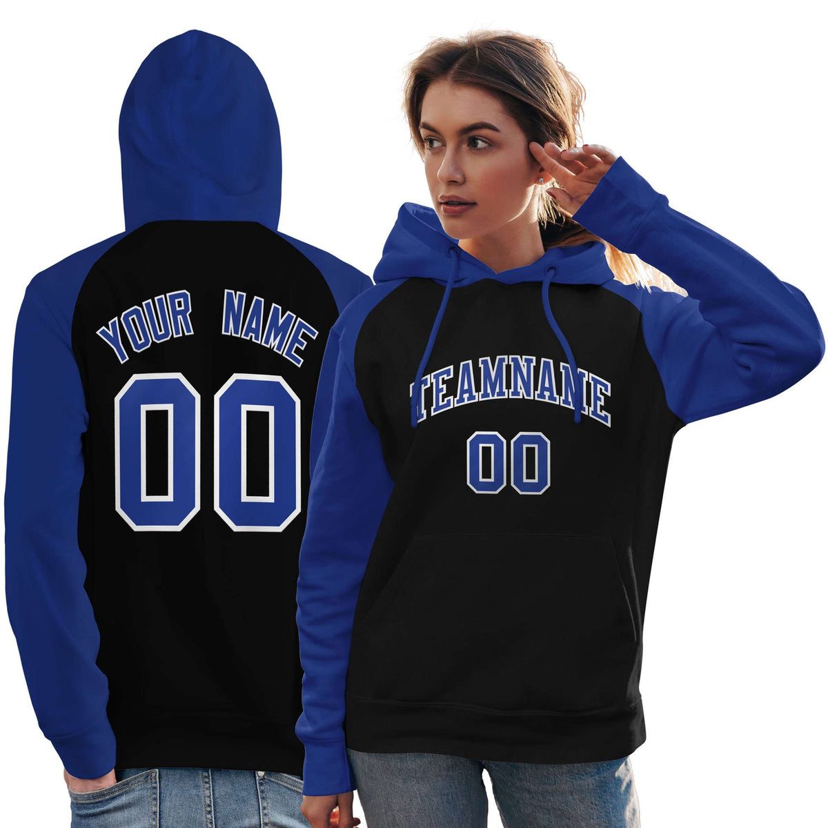 Custom Stitched Black Royal Raglan Sleeves Sports Pullover Sweatshirt Hoodie For Women| KXKSHOP