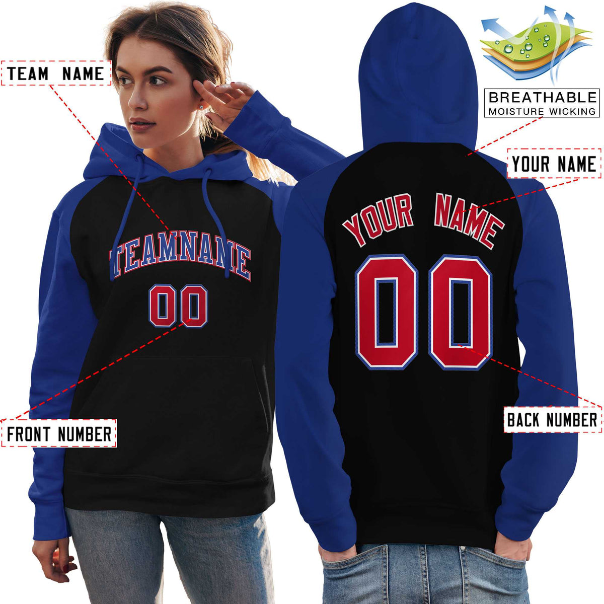 Custom Stitched Black Royal Raglan Sleeves Sports Pullover Sweatshirt Hoodie For Women| KXKSHOP